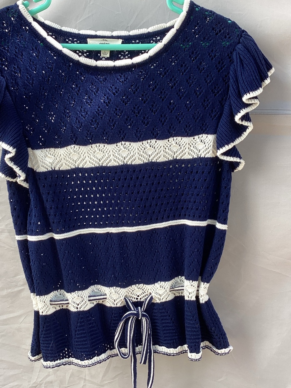 entro Navy and White Striped Open-Knit Ruffle Sleeve Camisole